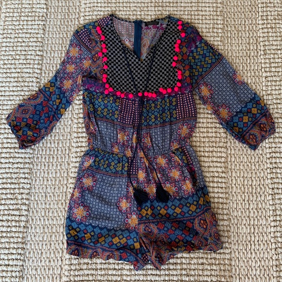 Boho Patchwork Pom Pom Tassel Romper - Picture 1 of 7